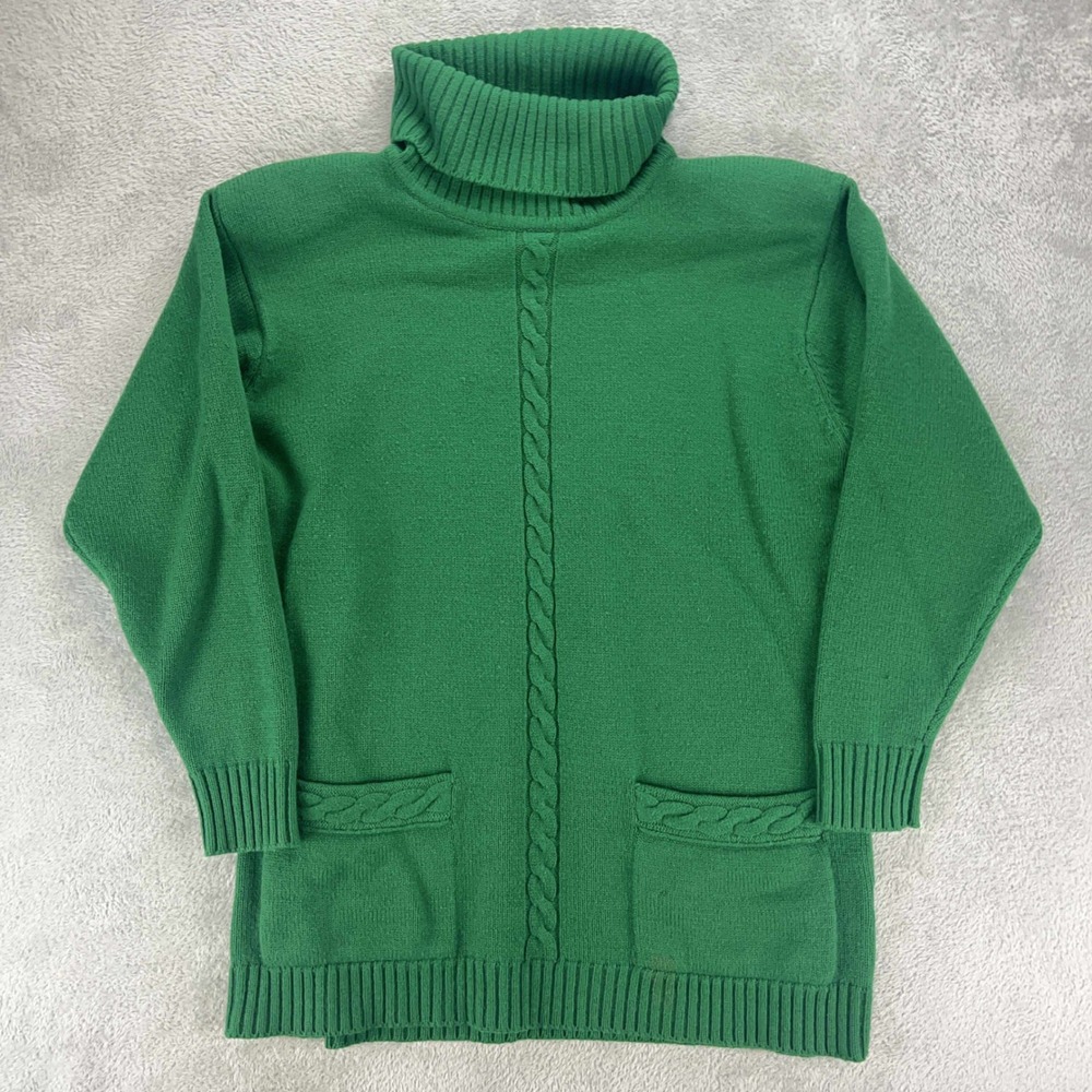 Rena Rowan Vintage Turtleneck Sweater Cable Knit Pockets Green‎ Size S